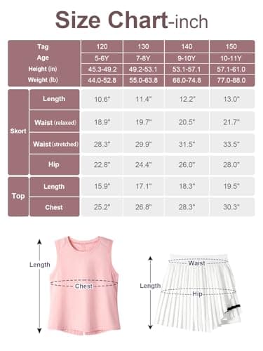 Rolanko Girls Tennis Skirt Set, UPF 50+ Tank Top & Pleated Skort with Built-in Shorts and Pocket Kids 2 Piece Outfit (PinkWhite, 5-6 Years) — view 5