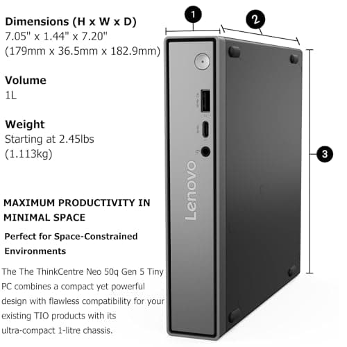 Lenovo ThinkCentre neo 50q Gen 5 Mini Desktop PC, Intel Core i5-13420H 8-Core, 8GB DDR5 RAM, 512GB SSD, WiFi 6E, Bluetooth 5.3, Dual Display, USB-C, Windows 11 Pro - Business Office Remote Work — view 4