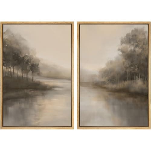 SIGNWIN Framed Canvas Print Wall Art Set Calm Misty Riverside Forest Landscape Illustration Modern Art Minimalism Decorative for Living Room, Bedroom, Office - 24"x36"x2 Natural
