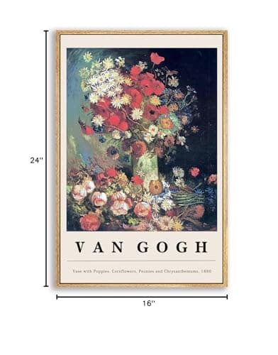 Framed Canvas Print Wall Art Van Gogh Vase with Poppies Cornflowers Peonies & Chrysanthemums Painting Reproduction Ready To Hang Living Room Bedroom Kitchen Office Home Decor 16"x 24" Natural Framed — view 7