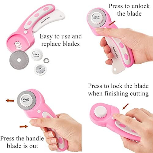 Headley Tools 45mm Rotary Cutter with 5pcs Extra Blades, Ergonomic Handle Rolling Cutter with Safety Lock for Crafting, Sewing, Quilting, Fabric Rotary Cutter Perfect for Left & Right Hand (Pink)