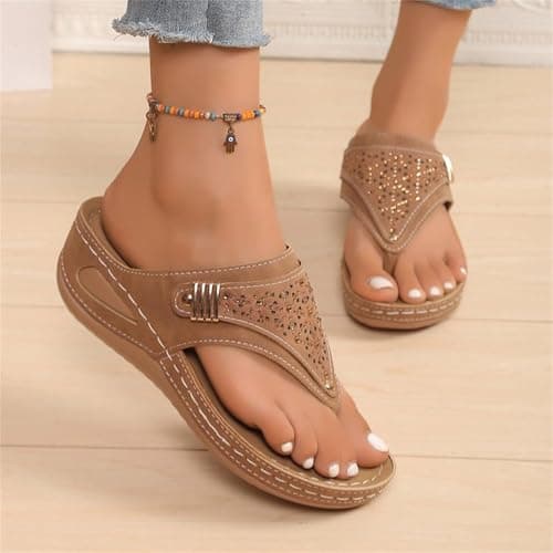 Orthopedic Sandals for Women 2026 Dressy Casual Ladies Spring Summer Cute Boho Comfy Arch Support Flats Flip Flops Seniors Comfortable Beach Vacation Outdoor Platform Wedge Sandals Shoes Brown 8 — view 3