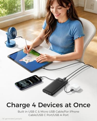 VEGER Portable Charger with Built in Cables&Wall Plug, 10000mAh Power Bank — view 2