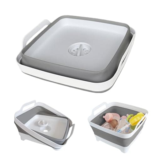 GIMWA Collapsible Wash Basin with Drain Plug - 2.4 Gallon Foldable Kitchen Sink for Baby Bottles, RV Camping, Space-Saving Dish Tub (Gray)