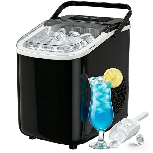 Bayany Countertop Ice Maker with Handle, Small Portable Self-Cleaning Ice Machine with Basket and Scoop， 26lbs/24H, 9 Ice Cubes in 6 Mins, for Home, Kitchen, Parties, Camping