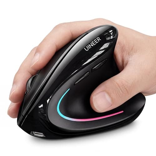 Uineer Wireless Ergonomic Mouse, Wireless Bluetooth Rechargeable Vertical Mouse, 7 Color LED, 4 DPI Adjustable, USB-A Receiver, Wrist Strain Relief,Optical Mice for Computer/PC/Laptop, Black (Black)