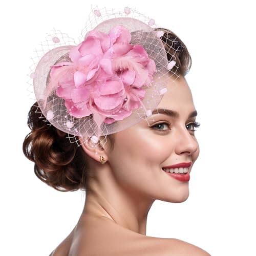 Haakong 20s Fascinators Hat for Women Tea Party Headpiece Mesh Feathers Hair Clip for Bridal Wedding (Pink)