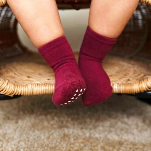 JAKIDAR 12 Pack Baby Toddler Socks Non Slip Grip Cotton Crew Socks for Boys Girls Infants Kids, Angola Red, 12-24 Months