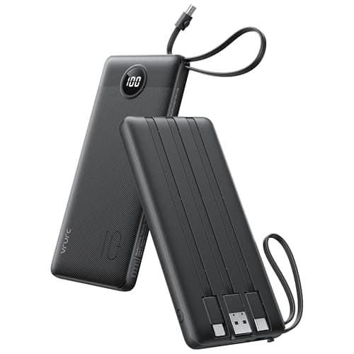 VRURC Portable Charger, Built-in 4 Cables Slim Power Bank 10000mAh, USB C Charging Bank with LED Display, Compact Travel Battery Pack with 5 Outputs for Multi Devices, Android-Black(1 Pack)