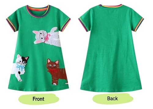 Winzik Toddler Summer Dress, Little Girls Short Sleeve Cotton Casual Dresses Cat Clothes 2-8 Years (3-4T, Cat Green) — view 5