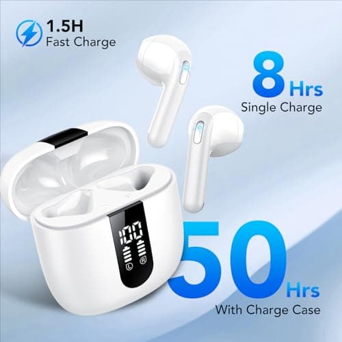 Wireless Earbuds, Bluetooth 5.4 Headphones, HiFi Stereo with 4 ENC Noise Cancellation in-Ear Bluetooth Earbuds, 50H Playback, LED Display, Touch Control, IPX7 Waterproof Ear Buds, Off White — view 3