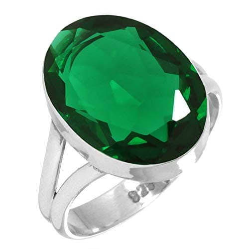 JEWELOPORIUM Green Emerald Simulated Silver Ring Size 5, 925 Sterling Silver Ring for Women, Chunky Oval Gemstone Handmade Jewelry