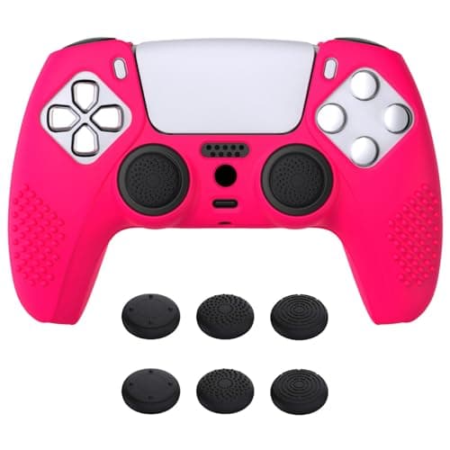 eXtremeRate PlayVital 3D Studded Edition Anti-Slip Silicone Cover Skin for ps5 Controller, Soft Rubber Case Protector for ps5 Wireless Controller with 6 Black Thumb Grip Caps - Bright Pink