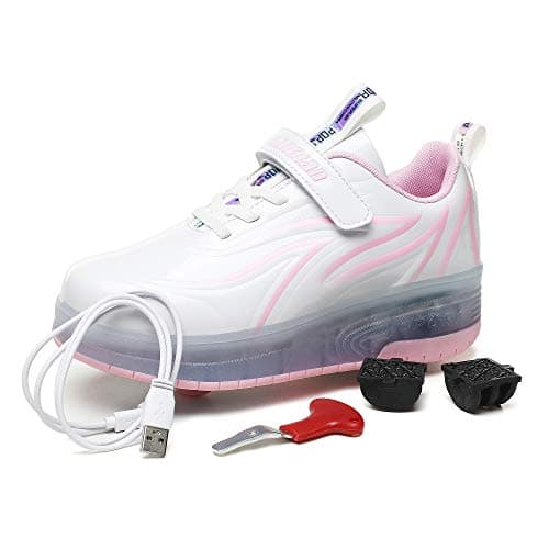 HHSTS Kids Shoes with Wheels LED Light Color Shoes Shiny Roller Skates Skate Shoes Simple Kids Gifts Boys Girls The Best Gift for Party Birthday Christmas Day(1.5 Little Kid,White Pink) — view 3