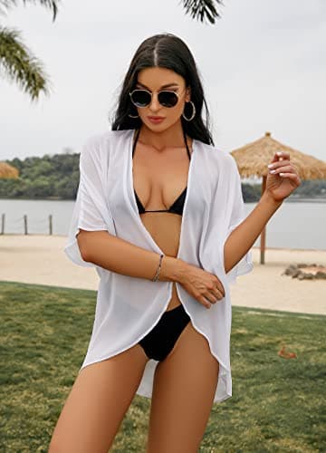 ADOREJOY Women's Tops Summer Kimono Cardigan Floral Print Puff Sleeve Swimsuit Cover Up Casual Loose Fit Blouse (White,XL) — view 3