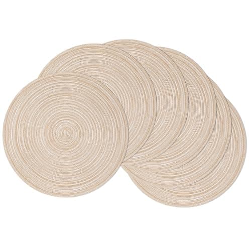 SHACOS 15 inch Round Placemats Set of 6, Cotton Polyester Woven Braided Place Mats, Washable Heat Resistant Non Slip Table Mats for Kitchen Dining Table (Beige, 6)
