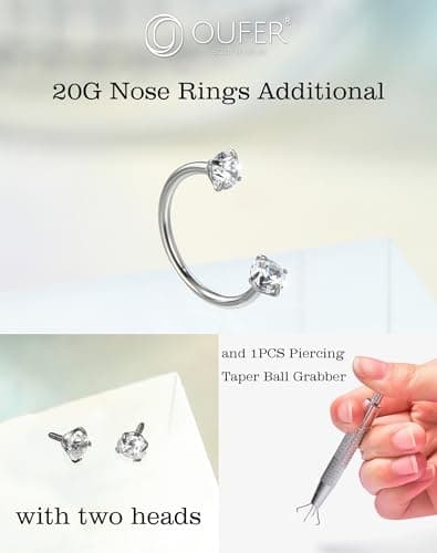 OUFER Horseshoe Nose Rings Studs, 20G Internally Threaded Nose Rings For Women, 316L Surgical Steel Double Cubic Zirconia Nose Studs, Lip Eyebrow Helix Ear Piercing Jewelry — view 5