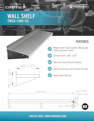 THORINOX TWSS Stainless Steel Wall Mount Shelf - Commercial Grade - Vibration Insulation - NSF Certified - Ideal for Restaurant, Institution Kitchen, Laboratory, Garage (12X60) — view 5