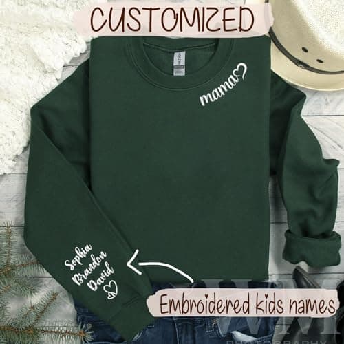 Custom Embroidered Mama Sweatshirt with Kids Name on Sleeve Personalized Mom Sweatshirt for Mothers Day Birthday Gift for Mom — view 2