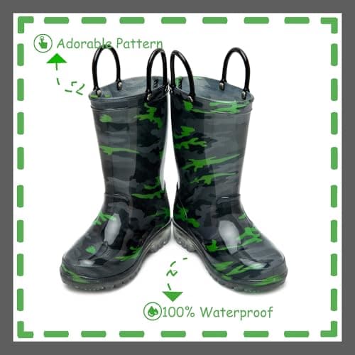 OUTEE Toddler Boys Rain Boots Little Kids Baby Light Up Waterproof Rubber Shoes Printed Mud Lightweight Adorable with Easy-On Handles Non Slip Sole Black Green Camo Size 8 — view 2