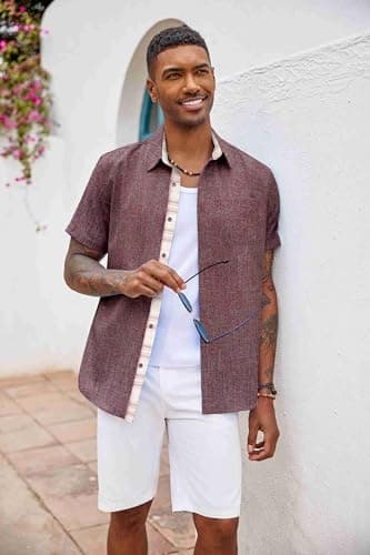 COOFANDY Men's Button Down Shirts Short Sleeve Casual Shirts Summer Beach Shirts Vacation Wedding Shirts with Pocket Red — view 2