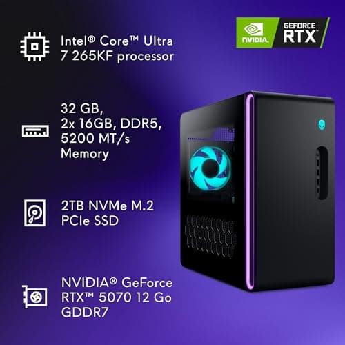 Alienware Aurora Gaming Desktop ACT1250 - Intel Core Ultra 7 265KF Processor, Liquid Cooled, NVIDIA GeForce RTX 5070, 32GB DDR5 RAM, 2TB SSD, 1000W Platinum Rated PSU, Windows 11 Home - Clear Panel — view 13