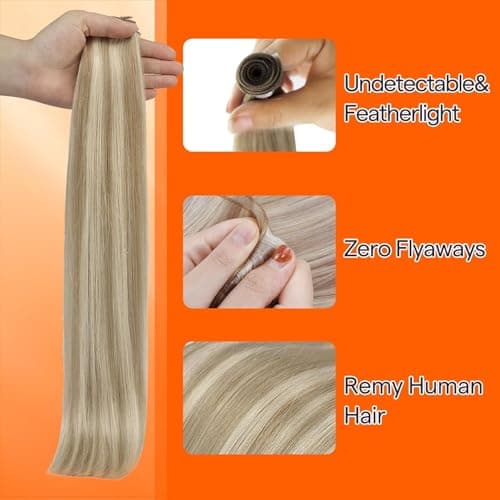 Full Shine Genius Human Hair Weft Hair Extensions 18 Inch Golden Blonde Highlighted Weaving Hair Extensions 50 Grams Silky Straight Remy Human Hair Genius Weft Sew in Extensions Wedding — view 2