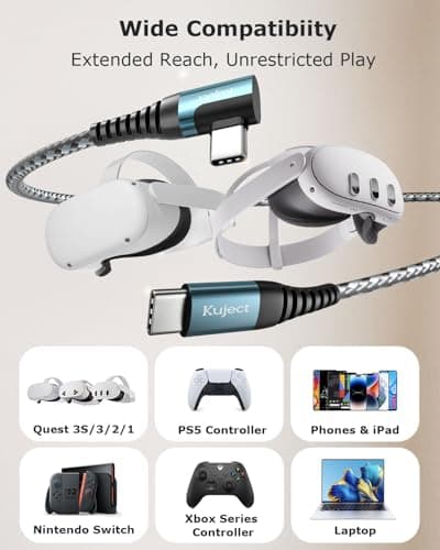 Kuject Link Cable 20FT Compatible for Quest 3 and for Quest 2, Nylon Braided Accessories for Rift S/Steam VR Games, USB 3.0 Type C to C High Speed Data Transfer Charging Cord for Gaming PC