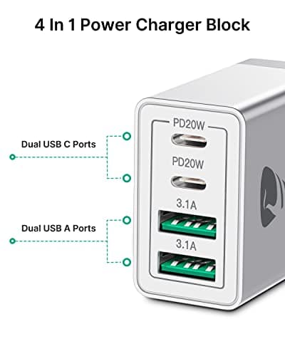[2-Pack] USB C Wall Charger, 40W Fast USB C Charger Block, 4-Port PD Power Adapter + QC Wall Plug Multiport Type C Charging Block Cube Compatible with iPhone 16 15 14 13 12 11 Pro Max XR XS 8, Samsung