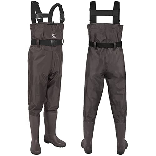 TideWe Bootfoot Chest Waders, PVC Fishing Waders 2-Ply Nylon Waterproof Hunting Waders with Boot Hanger for Men and Women Brown Size 11