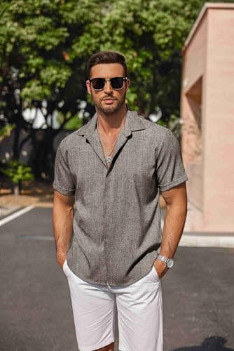 COOFANDY Men's Linen Shirts Short Sleeve Casual Button Down Shirt for Men Untucked Shirt Summer Vacation Brown — view 4