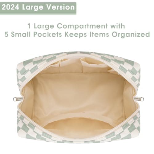 Narwey Checkered Makeup Bag Travel Cosmetic Bag Organizer Toiletry Bag Make Up Bags with Compartments for Women Girls (Large, Mint Green Checkerboard) — view 3