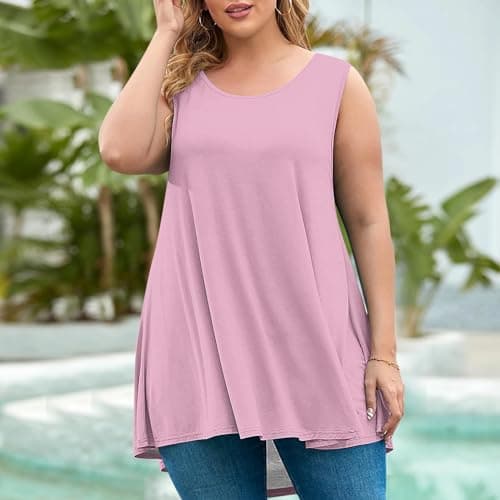 Womens Plus Size Tunic Tops Loose Fit Summer Casual Shirts Sleeveless Crewneck Flowy Blouses Wide Strap Camisole Pink