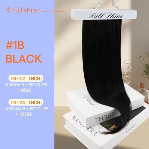 Full Shine Clip in Hair Extensions Human Hair, 1B Natural Black, 14 Inch, 120G, 7 Pcs, Double Weft Remy Brazilian Hair, Silky Straight Add Length and Volume, Office, Sleek Ponytail, Daily Wear
