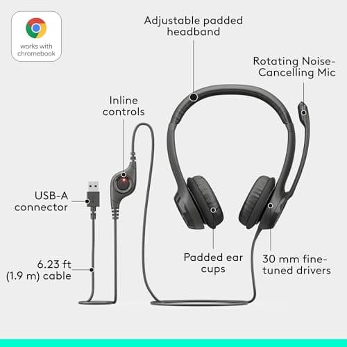 Logitech H390 Wired Headset for PC/Laptop, Stereo Headphones with Noise Cancelling Microphone, USB-A, in-Line Controls, Works with Chromebook - Black — view 5