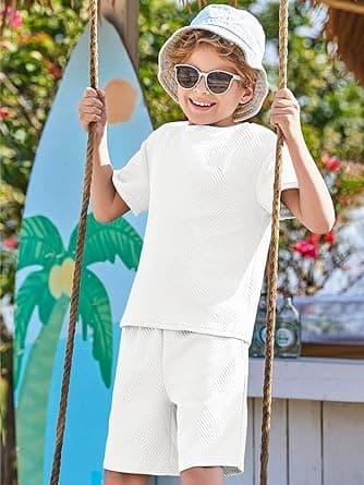 Haloumoning Conjunto de ropa para niño de verano, color sólido, manga corta, camiseta con pantalones cortos elásticos, ropa informal conjuntos con estructura — view 6