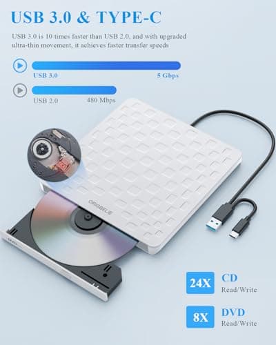 ORIGBELIE External CD/DVD Drive for Laptop, Ultra Slim 13mm USB 3.0 Type-C Portable DVD Player CD Burner Reader Writer Recorder for Desktop PC Windows 11/10/8/7 Linux Mac OS, White — view 3