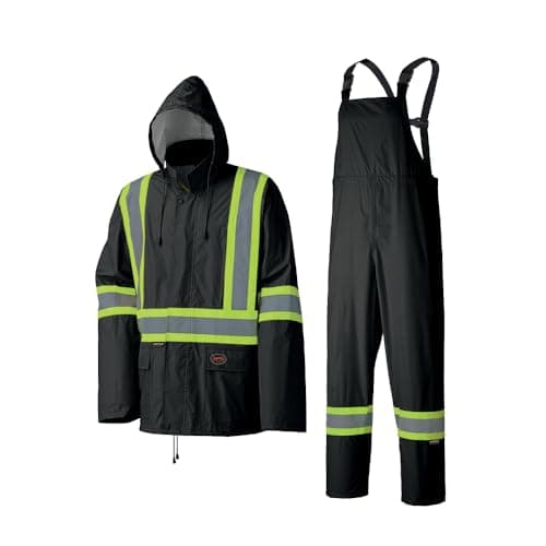 Pioneer Hi Vis Waterproof Lightweight Rainsuit - Work Safety Hooded Jacket and Bib Pants - Adjustable Pant Length - Black