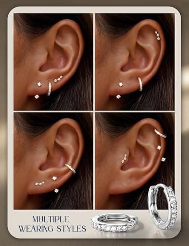FIASASO 3 Pairs 925 Sterling Silver Hypoallergenic Earrings for Women Trendy - 14K Gold Plated Stud Hoop Cartilage Earrings Set Small Earring Stacks for Sensitive Ears Non Tarnish Dainty Silver Earring — view 4