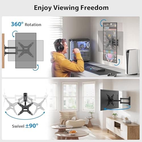 Pipishell Full Motion TV Wall Mount for Echo Show 21/15 and 13-43 Inch Flat Curved Screen TVs & Monitors, Max VESA 200x200mm up to 44lbs, TV Mount Wall Bracket with Rotation Swivel Tilt Extension — view 3