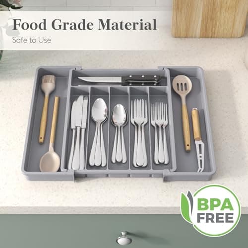 Lifewit Silverware Drawer Organizer, Expandable Utensil Tray for Kitchen, BPA Free Flatware and Cutlery Holder, Adjustable Plastic Storage for Spoons Forks Knives, 10.9"-17.5" x 13.7", Gray — view 6