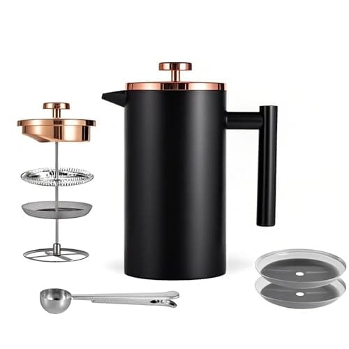 Meelio Small French Press Coffee Maker 350ml/12oz, Black Stainless Steel Double-Wall Insulated, Included 2 Extra Filters and 1 Coffee Spoon (1 Cup)