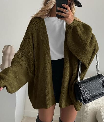 PRETTYGARDEN Womens Oversized Cardigan Sweaters 2026 Fall Long Lantern Sleeve Knit Open Front Lightweight Sweater (Army Green,Small) — view 2