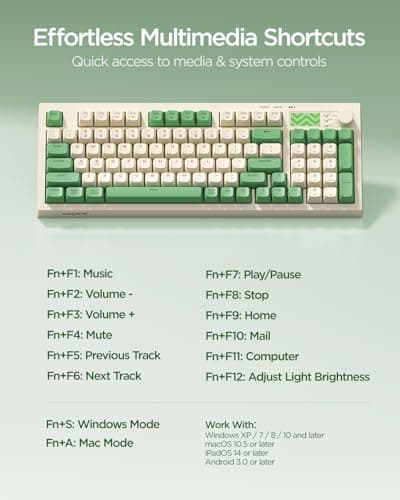 wegear Pastel Wireless Keyboard, Computer Gaming Keyboard with Media Knob, Tri-Mode Bluetooth/2.4GHz/USB-C Wired, Backlit, 94 Keys, Cute Creamy Keyboard for PC, Mac - Green — view 5