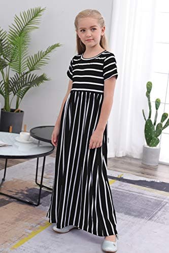 GORLYA Girl's Short Sleeve Floral Print Loose Casual Holiday Long Maxi Dress with Pockets 4-12 Years (11-12Years/Height:150cm, Black Stripe) — view 4
