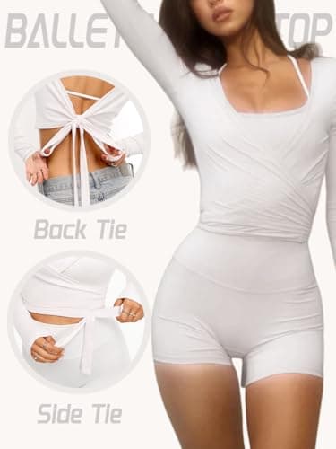 Danysu Ballet Wrap Tops Pilates Yoga Long Sleeve Outfits V-Neck Tie Waist Dance Shirts Y2K Fall Cardigans White XS — view 3