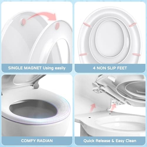 YASFEL Toddler Toilet Seat Built in, Potty Training Toilet Seat for Toddlers, Kids & Adults White Plastic Toilet Seats Standard Round Slow Close with Magnets(White, 16.5”) — view 3