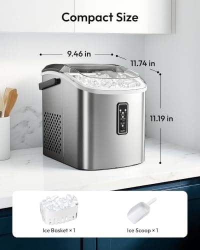 EUHOMY Ice Maker Countertop, 9 Cubes Ready in 6 Mins, 26lbs/24H, Self-Cleaning, Portable Ice Maker Machine with Carry Handle, Basket and Scoop, 2 Sizes of Bullet Ice for Home, Kitchen, Office — view 7