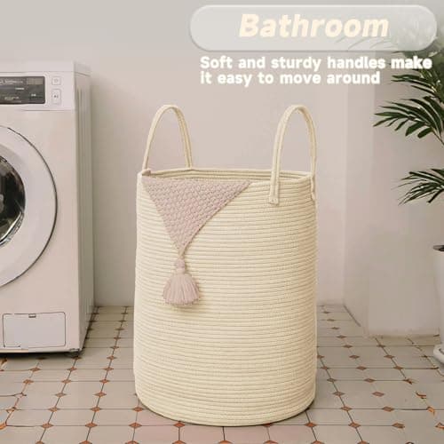 JMvicyroam Large Woven Laundry Basket Hamper,60L Cotton Rope Storage Bin for Blankets,Toys and Clothes,Decorative Tall Nursery Hamper for Living Room,Baby Nursery,Bathroom and Bedroom,Beige — view 4
