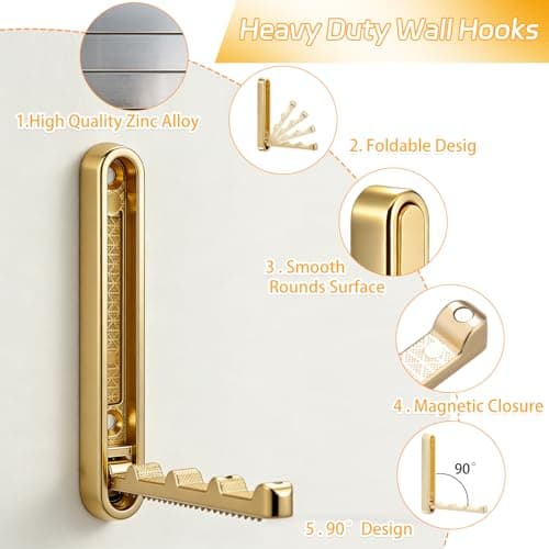Dntorx 2 Pcs Extended Folding Coat Hooks Wall Mounted, 4.33 in Gold Foldable Wall Hooks Heavy Duty Valet RV Hooks Bathroom Towel Hooks Robe Hooks for Hanging Towels Clothes Coat Hat Bags — view 3